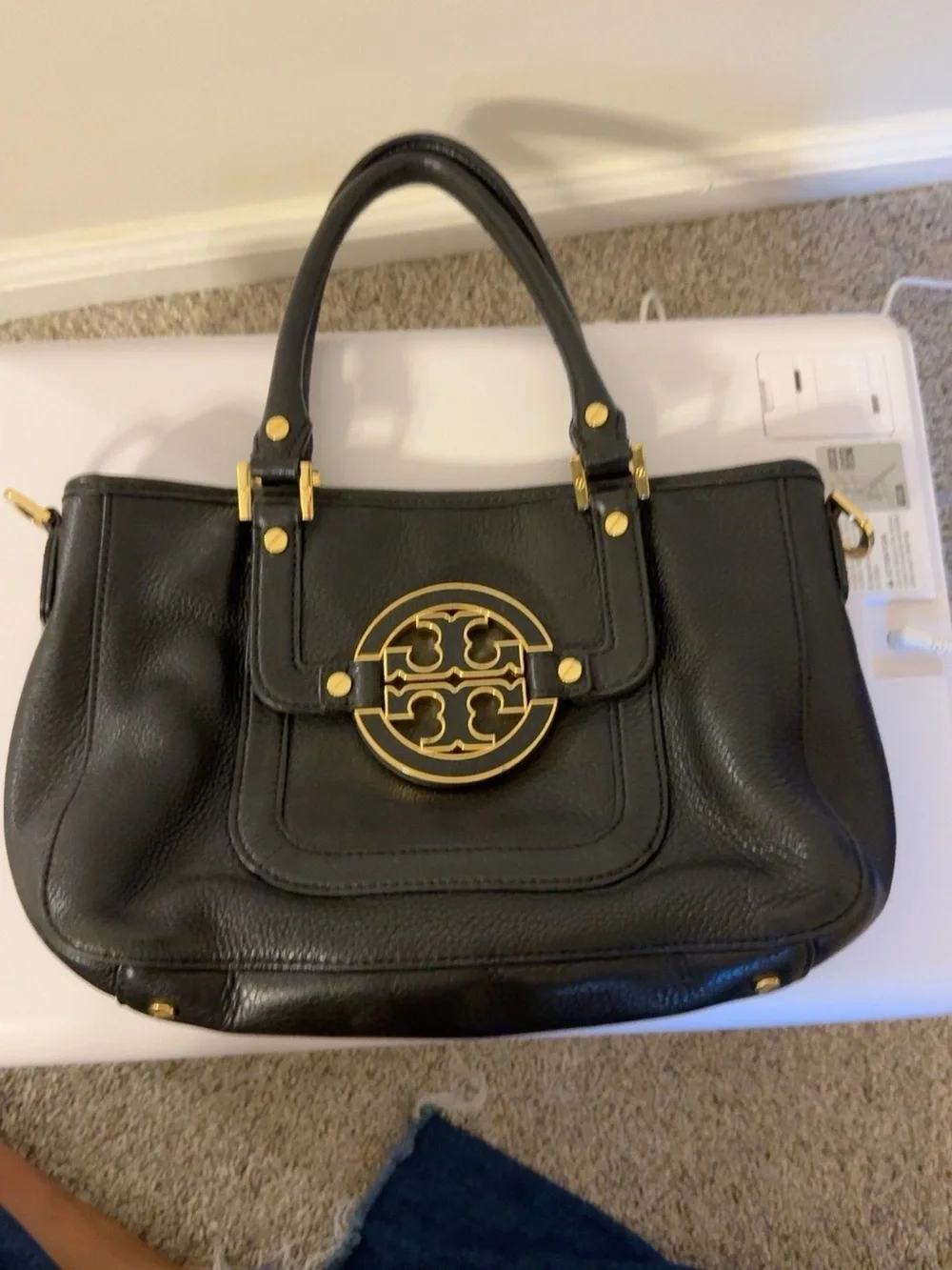 Tory Burch Amanda Black Pebbled Leather Satchel Bag Gold Logo